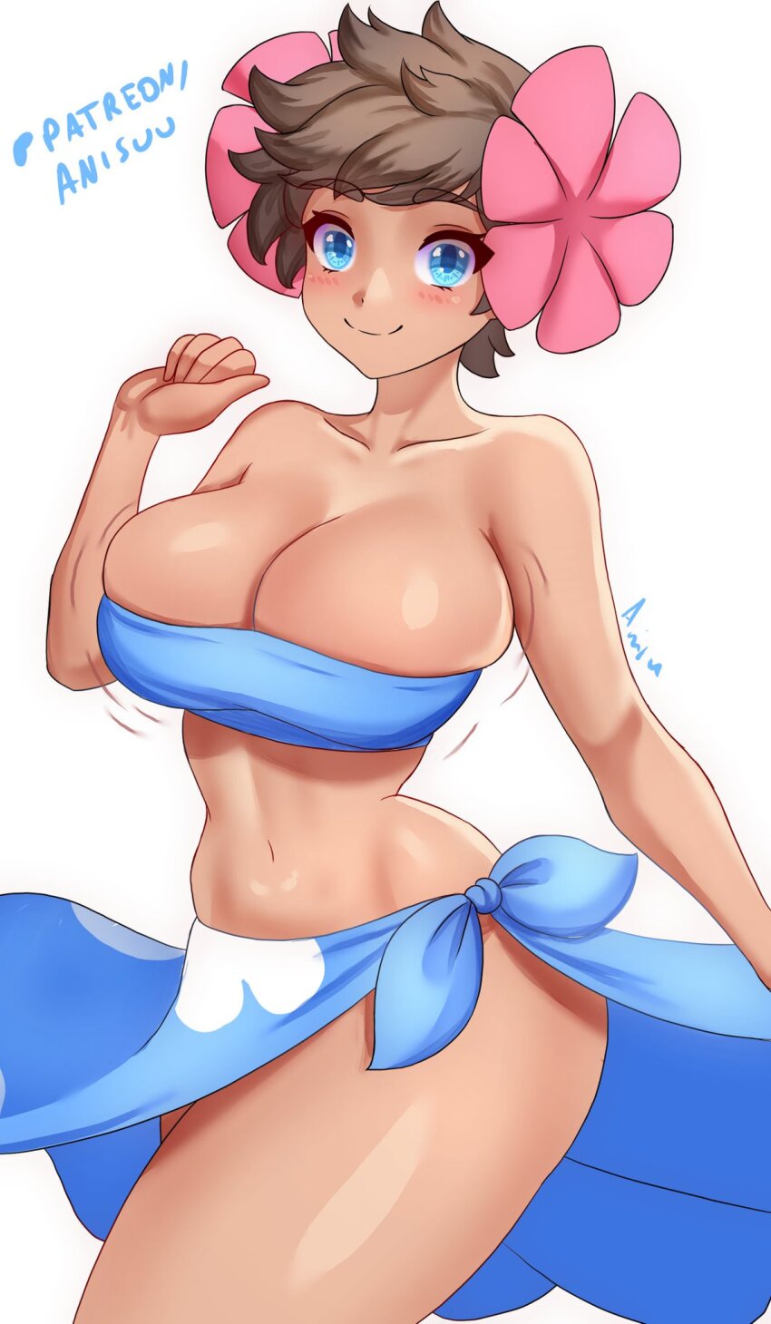 1girl anisdrawn bandeau bare_shoulders blue_bandeau blue_eyes blue_sarong blush breasts brown_hair clothes_lift dark-skinned_female dark_skin flower game_freak hair_flower hair_ornament highres looking_at_viewer low-cut navel nintendo phoebe_(pokemon) pokemon pokemon_rse sarong sarong_lift short_hair smile solo strapless