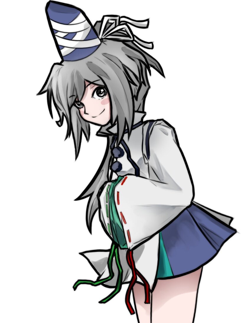 1girl 4rdilla blue_hat blue_skirt blush closed_mouth grey_eyes grey_hair hands_in_opposite_sleeves hat highres leaning_forward long_hair looking_at_viewer mononobe_no_futo ponytail ribbon-trimmed_sleeves ribbon_trim simple_background skirt smile solo tate_eboshi touhou white_background