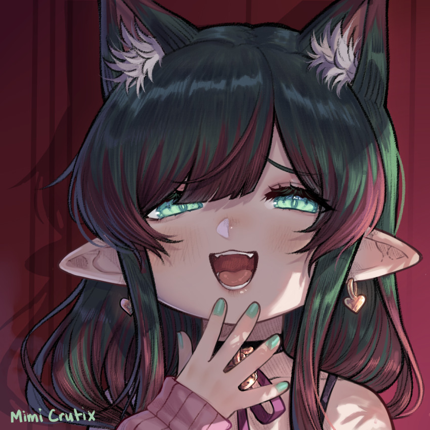 1girl animal_ears artist_name black_choker cat_ears choker curtains earrings extra_ears eyebrows_hidden_by_hair final_fantasy final_fantasy_xiv flat_chest green_eyes green_hair hair_between_eyes hair_over_one_eye hand_to_own_mouth highres jewelry lalafell laughing lipstick long_hair looking_at_viewer makeup mesugaki mimicrutix multicolored_hair nail_polish open_mouth pink_sweater shadow silhouette smile solo streaked_hair sweater teeth upper_body very_long_hair warrior_of_light_(ff14)