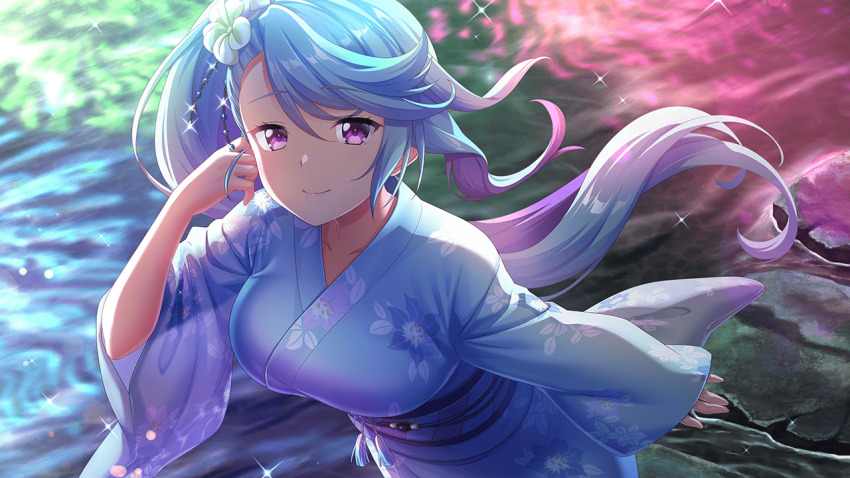 1girl alternate_costume blue_hair blue_kimono breasts bridget_(deep_one) closed_mouth cloud collarbone deep_one_kyomu_to_mugen_no_fragment diffraction_spikes earrings fireworks floral_print flower gintarou_(kurousagi108) glint hair_flower hair_ornament japanese_clothes jewelry kimono lake large_breasts lens_flare long_hair looking_at_viewer moon multicolored_hair night non-web_source obi ocean outdoors ponytail print_kimono purple_eyes purple_kimono sash shooting_star sky smile snowflake_print solo sparkle sparkle_background sparkler star_(sky) starry_sky very_long_hair water white_flower wide_sleeves yukata