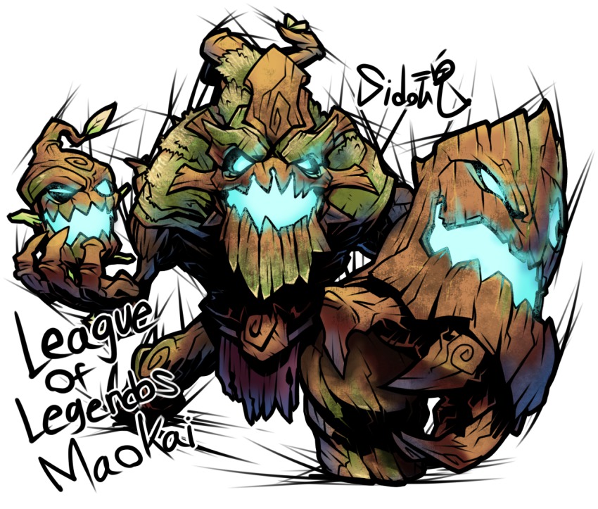 androgynous artist_name blue_eyes character_name copyright_name gender_request glowing glowing_eyes glowing_mouth league_of_legends looking_at_viewer maokai open_mouth sido_(slipknot) simple_background solo white_background