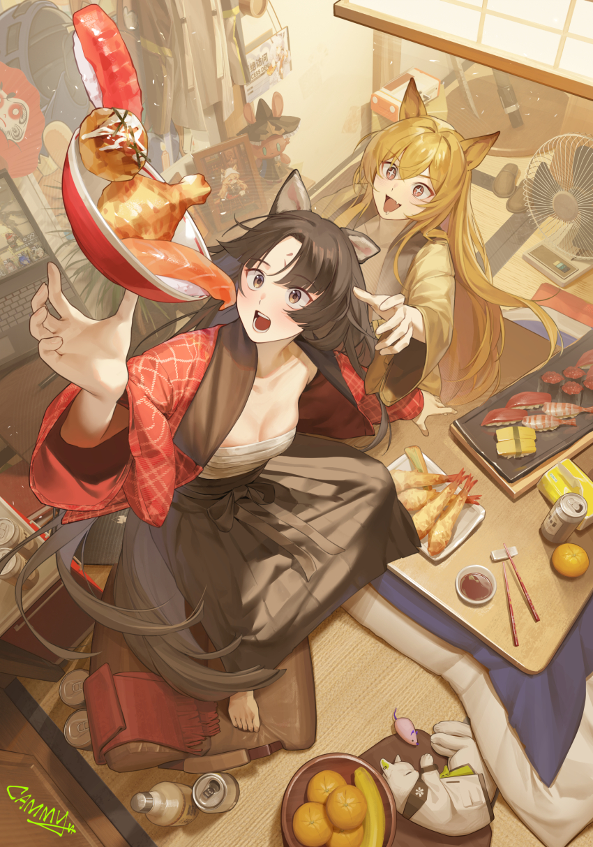 2girls absurdres amiya_(arknights) animal_ears arknights artist_name barefoot blonde_hair blush bottle bowl breasts brown_eyes brown_hair brown_skirt cammy can cat ceobe_(arknights) ceobe_(unfettered)_(arknights) chest_sarashi chicken_(food) chicken_leg chinese_commentary chopstick_rest chopsticks commentary_request dog_ears dog_girl electric_fan facial_mark fang fish_(food) food forehead_mark fruit highres ikura_(food) indian_style indoors japanese_clothes kal&#039;tsit_(arknights) kimono kimono_skirt looking_at_food multiple_girls nigirizushi open_clothes open_kimono open_mouth orange_(fruit) parted_bangs ptilopsis_(arknights) saga_(arknights) sarashi sausage signature sitting skin_fang skirt slippers small_breasts sparkling_eyes sushi tempura tissue toy_mouse unworn_slippers