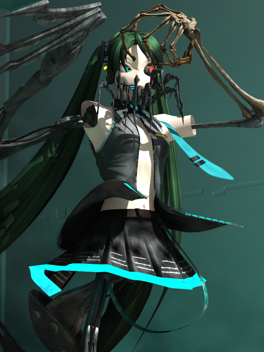 1girl 2009 3d android aqua_eyes artificial_eye calne_ca_(deino) cosplay damaged deino_(deino3330) green_hair hatsune_miku hatsune_miku_(cosplay) highres horror_(theme) joints long_hair mechabare mechanical_arms mechanical_eye navel necktie open_clothes open_shirt original pleated_skirt robot_joints skeletal_arm skirt solo twintails very_long_hair vocaloid