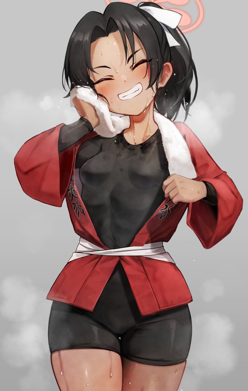1girl black_hair blue_archive blush breasts closed_eyes cowboy_shot dark-skinned_female dark_skin facing_viewer grin hair_ribbon halo highres japanese_clothes kai_(esugi) long_hair long_sleeves pink_halo ponytail ribbon rickshaw_student_(blue_archive) small_breasts smile solo sweat towel towel_on_head white_ribbon