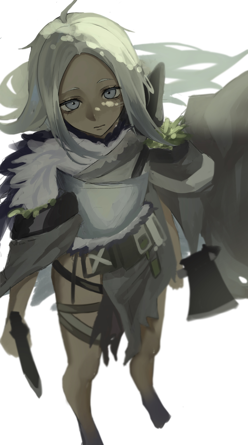 1girl absurdres arknights armor axe barefoot breastplate closed_mouth forehead from_above grey_eyes grey_hair highres holding holding_axe inam_(arknights) long_hair looking_at_viewer looking_up naruse_azusa parted_bangs pauldrons shoulder_armor simple_background solo standing very_long_hair white_background