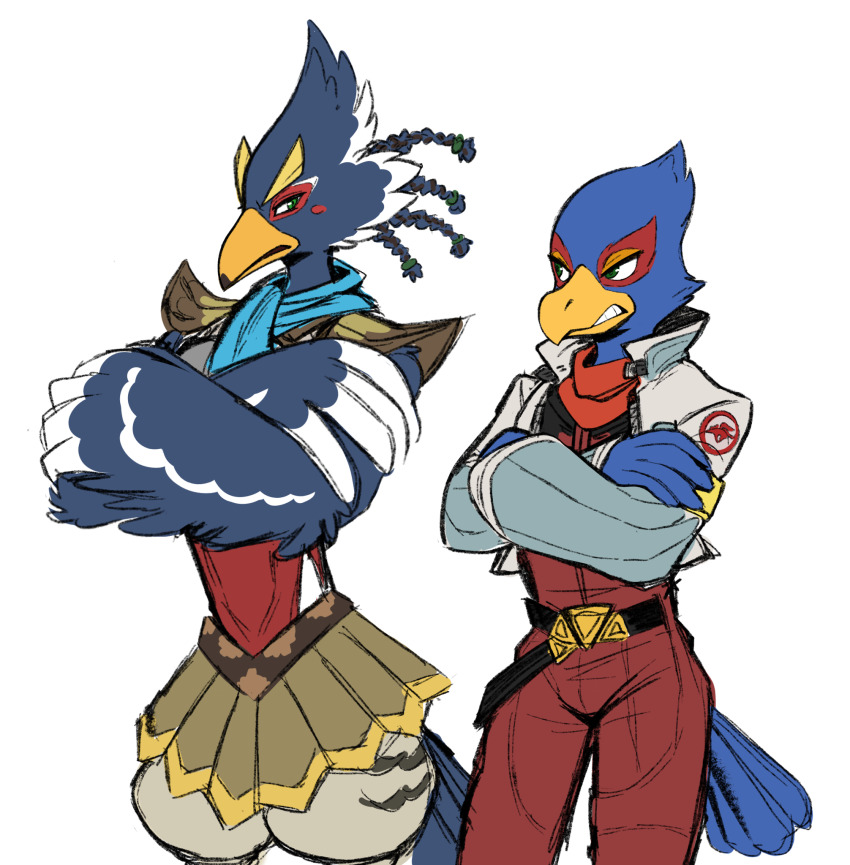 2boys beak bird_boy commentary crossed_arms crossover english_commentary falco_lombardi furry furry_male green_eyes highres jacket look-alike looking_at_another male_focus multiple_boys nintendo revali rito shanzehpoo simple_background standing star_fox tail the_legend_of_zelda the_legend_of_zelda:_breath_of_the_wild trait_connection white_background winged_arms wings