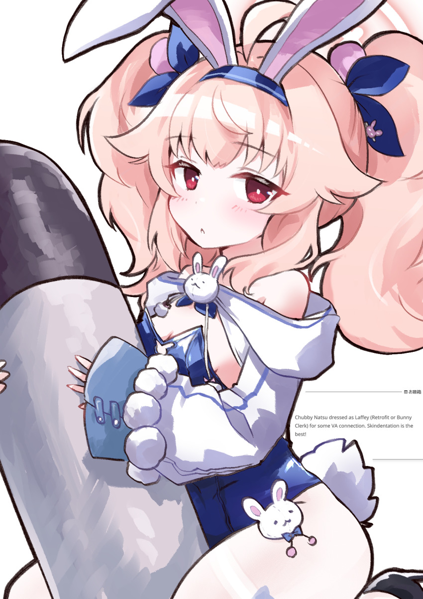 1girl alternate_costume animal_ear_hairband animal_ears azur_lane bare_shoulders black_footwear blue_archive blue_leotard blue_ribbon breasts cosplay english_text fake_animal_ears hair_ornament hair_ribbon hairband highres holding holding_torpedo hugging_object kurosaki_kousuke laffey_(azur_lane) laffey_(azur_lane)_(cosplay) laffey_ii_(azur_lane) laffey_ii_(sleepy_on_a_busy_day)_(azur_lane) leggings leotard looking_at_viewer naganawa_maria natsu_(blue_archive) open_mouth pink_hair playboy_bunny rabbit_ears rabbit_tail red_eyes ribbon solo strapless strapless_leotard tail torpedo twintails voice_actor_connection white_background white_leggings
