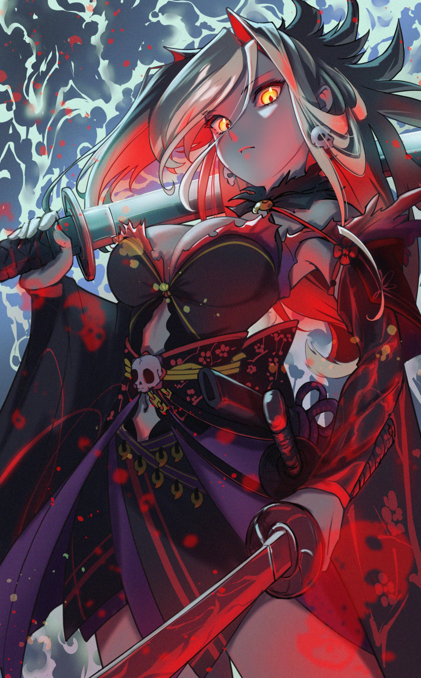 1girl absurdres arakan black_hair black_kimono blonde_hair breasts commentary_request commission dark_persona dual_wielding earrings expressionless fate/grand_order fate_(series) glowing glowing_eyes highres holding holding_sword holding_weapon horns japanese_clothes jewelry katana kimono long_hair medium_breasts miyamoto_musashi_(fate) multicolored_hair ootachi orange_eyes over_shoulder pixiv_commission skull_earrings solo sword sword_over_shoulder two-tone_hair weapon weapon_over_shoulder