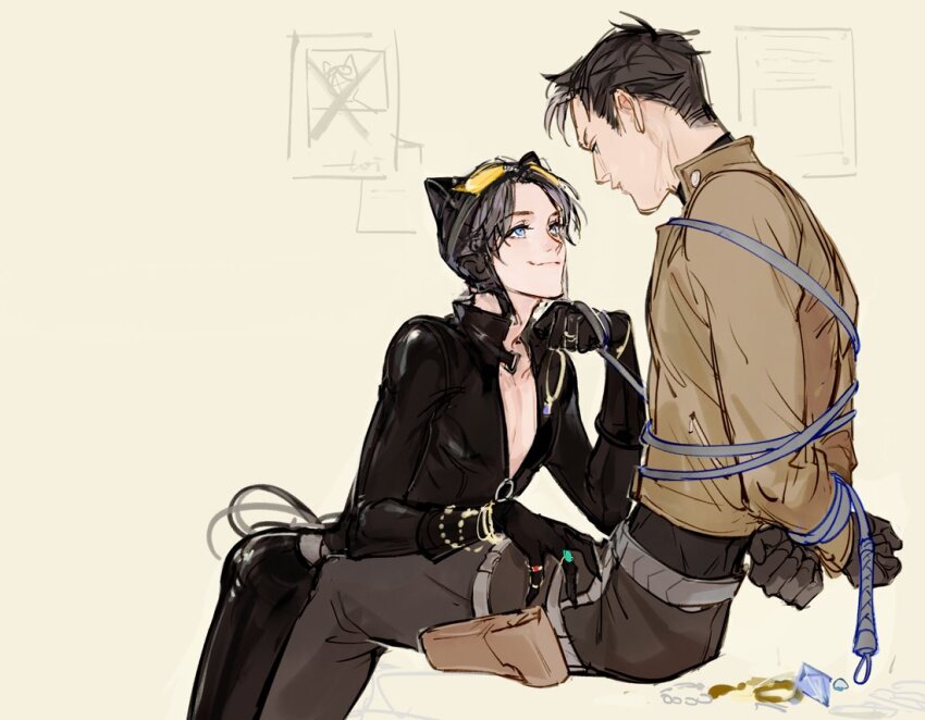 2boys alternate_universe batman_(series) bdsm black_hair blue_eyes bondage bound bound_wrists catsuit catwoman catwoman_(cosplay) commentary cosplay dc_comics diamond_(gemstone) english_commentary face-to-face goggles goggles_on_head holding holding_jewelry holster jacket jason_todd jewelry multicolored_hair multiple_boys red_hood_(dc) ring sitting streaked_hair tim_drake whip wonkrin yaoi