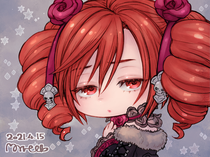 1girl amy_sorel artist_name bare_shoulders chibi chibi_only dated drill_hair flower fur_trim grey_background hair_flower hair_ornament half-closed_eyes long_hair looking_at_viewer morito_leaf9 off_shoulder pink_flower pink_rose portrait red_eyes red_hair rose solo soul_calibur soulcalibur soulcalibur_iv twin_drills