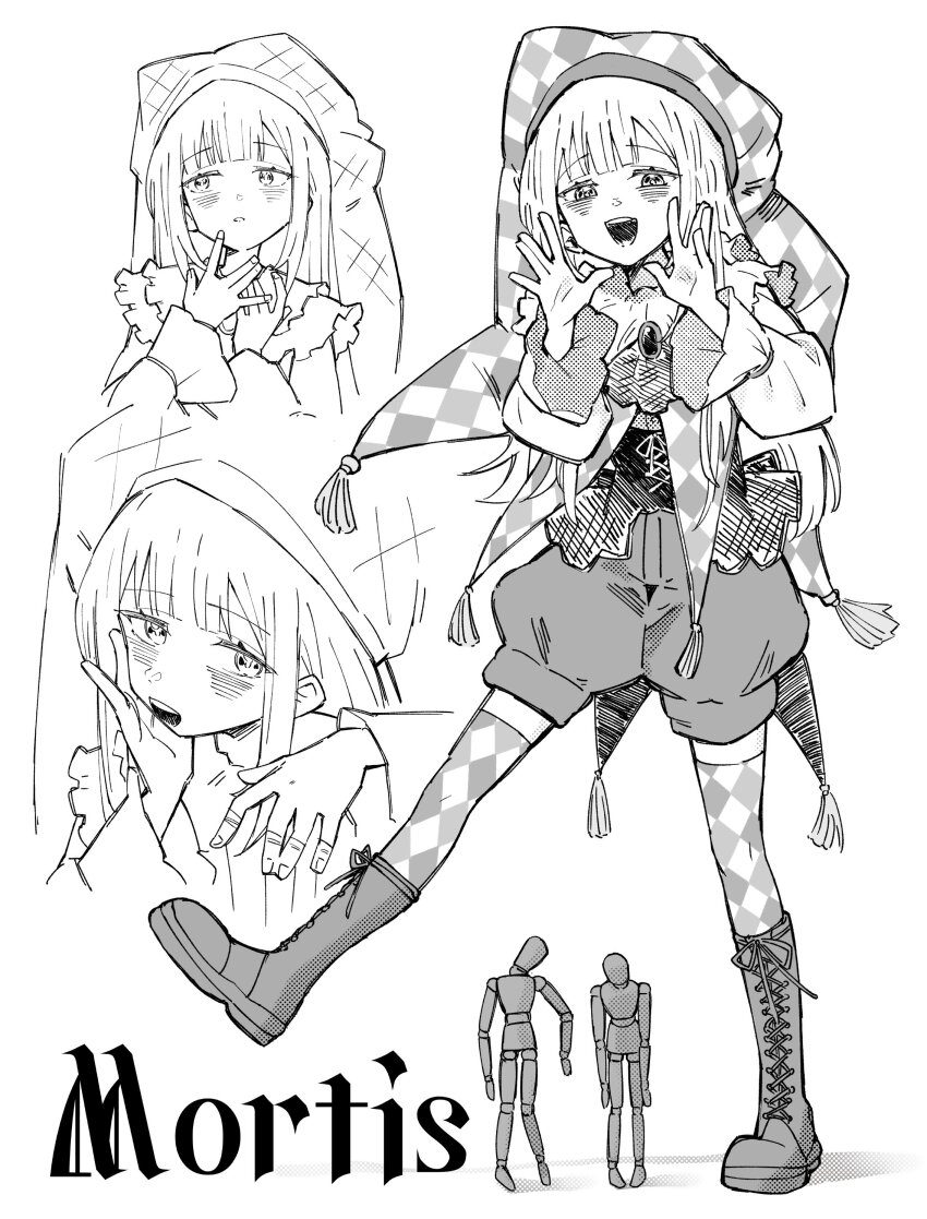 1girl :d \||/ absurdres ascot bang_dream! bang_dream!_it&#039;s_mygo!!!!! blunt_bangs boots brooch capelet character_name checkered_thighhighs chinese_commentary commentary_request corset drawing_mannequin frilled_capelet frilled_corset frills greyscale hachibousei_dance_(bang_dream!) hand_on_own_cheek hand_on_own_face hands_up hat hatching_(texture) highres jester_cap jewelry lace-up_boots leg_up linear_hatching long_hair marionette monochrome mortis_(bang_dream!) mortis_(persona)_(bang_dream!) multiple_views official_alternate_costume open_mouth polka_dot_shadow puppet shadow simple_background smile standing standing_on_one_leg tassel thighhighs wakaba_mutsumi white_background yeeee_chen