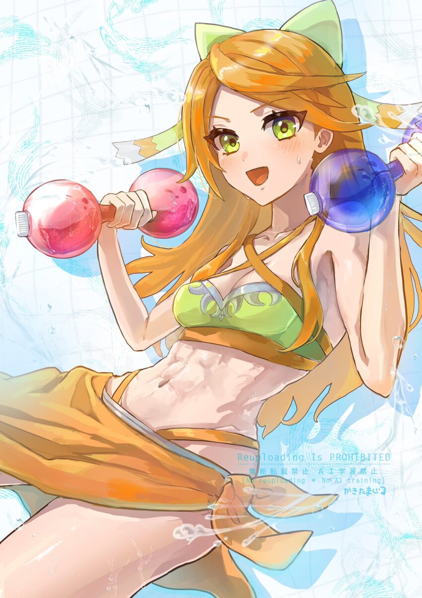 1girl abs alternate_costume bare_shoulders bikini blush bow breasts cleavage collarbone dumbbell etie_(fire_emblem) fire_emblem fire_emblem_engage green_bow green_eyes highres holding holding_dumbbell iipzeyjhms0dohl long_hair looking_at_viewer midriff navel nintendo official_alternate_costume open_mouth orange_bikini orange_hair orange_sarong sarong small_breasts smile solo stomach sweat sweatdrop swept_bangs swimsuit thighs