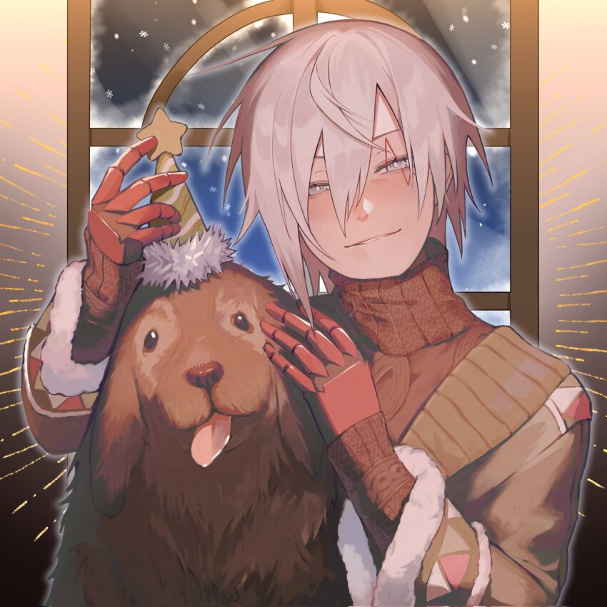 1boy animal arm_up black_shirt brown_fur chinese_commentary christmas commentary_request dog facial_mark fulgur_ovid fur-trimmed_sleeves fur_trim grey_eyes grey_hair hair_between_eyes hand_on_another&#039;s_head hat highres long_sleeves looking_at_viewer male_focus nijisanji nijisanji_en parted_bangs parted_lips party_hat shirt smile snowing solo star_(symbol) sweater tang0410 tongue tongue_out turtleneck upper_body virtual_youtuber white_fur window
