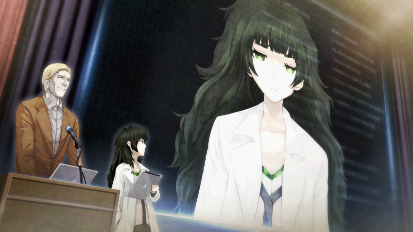 alexis_leskinen bad_tag blonde_hair blunt_bangs brown_jacket collar collarbone collared_shirt dress flat_chest from_side frown game_cg green_collar green_eyes green_hair green_trim grey_dress highres hiyajou_maho hiyajou_maho_(salieri) holding holding_tablet_pc huke jacket lab_coat lapels long_hair long_sleeves looking_at_another looking_at_viewer messy_hair non-web_source notched_lapels official_art open_clothes podium ringed_eyes shirt short_hair smile square_pupils steins;gate steins;gate_0 tablet_pc thick_eyebrows very_long_hair very_short_hair white_shirt