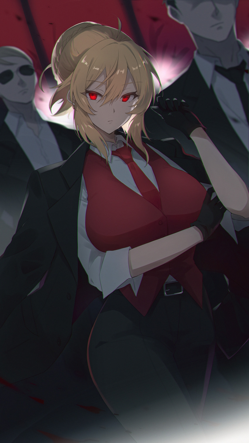 1girl 2boys absurdres angelica_rapha_redgrave black_coat black_gloves black_pants blonde_hair braid braided_bun breasts coat commission gloves hair_bun highres jacket large_breasts looking_at_viewer multiple_boys neu_(musyoku-neet) otome_game_sekai_wa_mob_ni_kibishii_sekai_desu pants pixiv_commission red_eyes red_jacket