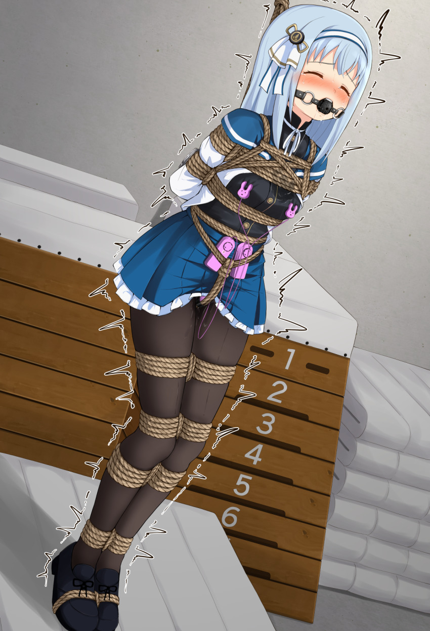 1girl arms_behind_back assault_lily ball_gag bdsm black_shirt black_shorts blue_eyes blue_hair blue_hairband blue_ribbon blue_sailor_collar blue_skirt blush bondage bound bound_ankles bound_legs bound_together breasts brown_pantyhose buttons closed_eyes commentary_request covered_erect_nipples crotch_rope drooling dutch_angle egg_vibrator femuto frilled_skirt frills full_body gag gagged hair_ribbon hairband herensuge_girls_academy_school_uniform highres indoors loafers long_hair mat medium_breasts miniskirt neck_ribbon nipple_stimulation nose_blush open_clothes open_shirt pantyhose pleated_skirt pussy_juice raised_eyebrows remote_control_vibrator restrained ribbon rope sailor_collar saliva saliva_trail school_uniform serafuku sex_toy shadow shibari shibari_over_clothes shirt shirt_tucked_in shoes shorts skirt solo standing sweat trembling tsuboi_nanaho two-tone_hairband two-tone_ribbon vaulting_horse vibrator vibrator_on_nipple vibrator_under_clothes wet wet_clothes wet_pantyhose wet_shirt white_hairband white_ribbon white_shirt