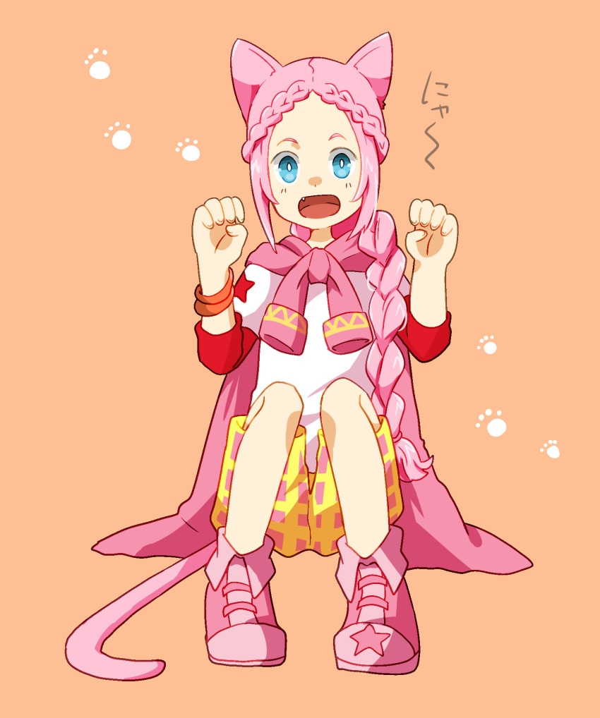 1boy animal_ears blue_eyes bracelet braid bright_pupils cat_boy cat_ears cat_tail classicaloid commentary_request fang highres jacket_around_neck jewelry kemonomimi_mode koko_a_tarutarusousu looking_at_viewer male_focus open_mouth paw_pose pink_background pink_hair pink_shoes shirt shoes shorts simple_background sitting solo tail translation_request white_pupils white_shirt wolfgang_amadeus_mozart_(classicaloid) yellow_shorts