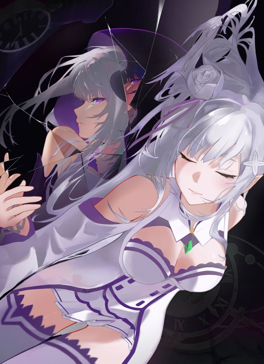 2girls bare_shoulders breasts character_request check_character clock closed_eyes detached_sleeves dress elf emilia_(re:zero) flower gem hair_flower hair_ornament hair_ribbon highres long_hair medium_breasts miniskirt mirror multiple_girls pleated_skirt pointy_ears purple_eyes purple_ribbon re:zero_kara_hajimeru_isekai_seikatsu ribbon rose satella_(re:zero) skirt thighhighs white_dress white_flower white_hair white_rose white_thighhighs x_hair_ornament zirael_1