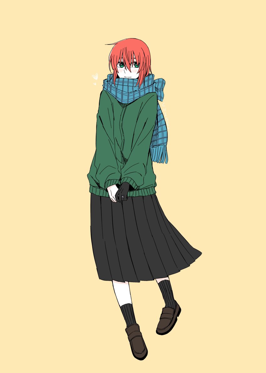 1girl absurdres black_hands black_skirt black_socks blue_scarf brown_shoes closed_mouth colored_extremities delfuze full_body green_eyes green_sweater hatori_chise highres jewelry long_sleeves mahou_tsukai_no_yome pleated_skirt red_hair ring scarf shoes simple_background skirt smile socks solo sweater wedding_ring yellow_background
