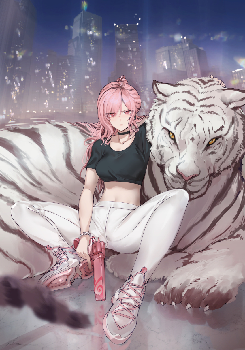 1girl absurdres black_choker black_shirt breasts choker city collarbone cover cover_image cover_page earrings grey_shoes gun handgun highres holding holding_gun holding_weapon jewelry jin_rou long_hair marble_(stone) marble_floor medium_breasts naega_wae_gongjunim-iya... navel novel_cover official_art orange_eyes pants pistol ponytail shirt shoes sitting sneakers solo tiger v-shaped_eyebrows weapon white_pants white_tiger