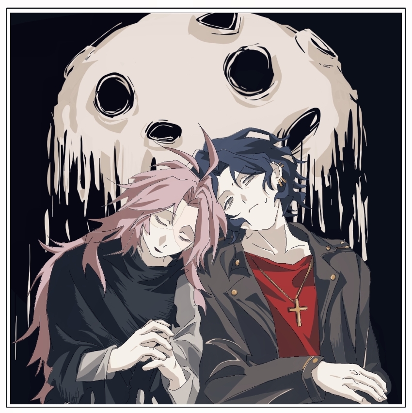 2boys antenna_hair black_background black_capelet black_jacket blue_hair border capelet closed_eyes closed_mouth collarbone colored_eyelashes cosplay earclip grey_shirt hatsutori_hajime head_tilt jacket lapels long_sleeves male_focus multiple_boys mutou_(wanniya88414) nijou_ryuu nijou_ryuu_(cosplay) notched_lapels official_cosplay open_clothes open_jacket open_mouth own_hands_together pale_skin patchwork_skin pink_hair red_shirt saibou_shinkyoku sayo_kento sayo_kento_(cosplay) shirt short_hair smile sweat utsugi_noriyuki white_border