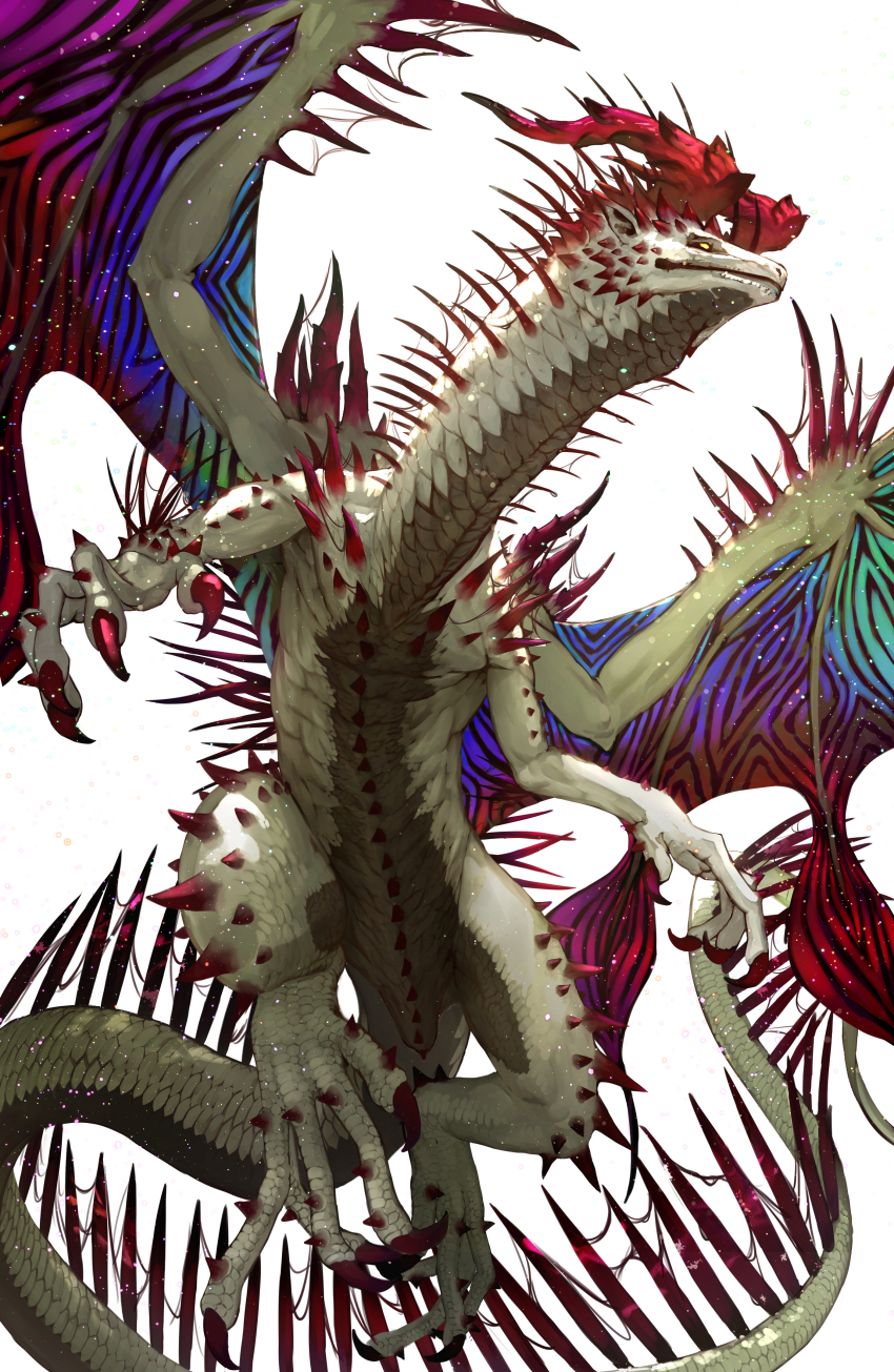 absurdres claws closed_mouth dragon dragon_horns dragon_tail dragon_wings highres horns monster no_humans original simple_background solo tagme tail thorns white_background white_scales wings yellow_eyes yumo80295386