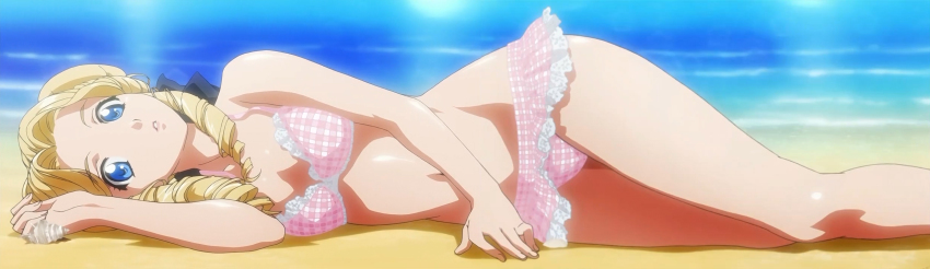 10s 1girl anime_screenshot banpresto beach bikini blonde_hair blue_eyes day drill_hair female_focus highres kouno_yoshitaka long_image navel pink_bikini shine_hausen solo stitched super_robot_wars super_robot_wars_og_the_inspector super_robot_wars_original_generation super_robot_wars_original_generation_2 swimsuit third-party_edit wide_image