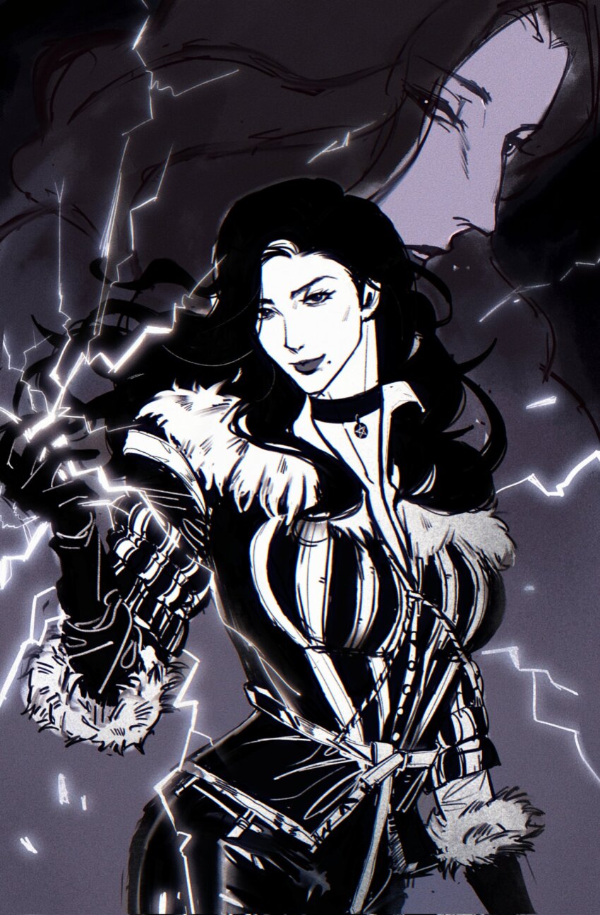 1girl binbin106 black_choker black_gloves black_hair black_jacket black_pants breasts choker electricity electrokinesis gloves greyscale highres jacket large_breasts long_hair looking_at_viewer mole mole_under_mouth monochrome multicolored_jacket multiple_views pants the_witcher_(series) the_witcher_3 two-tone_jacket white_jacket yennefer_of_vengerberg