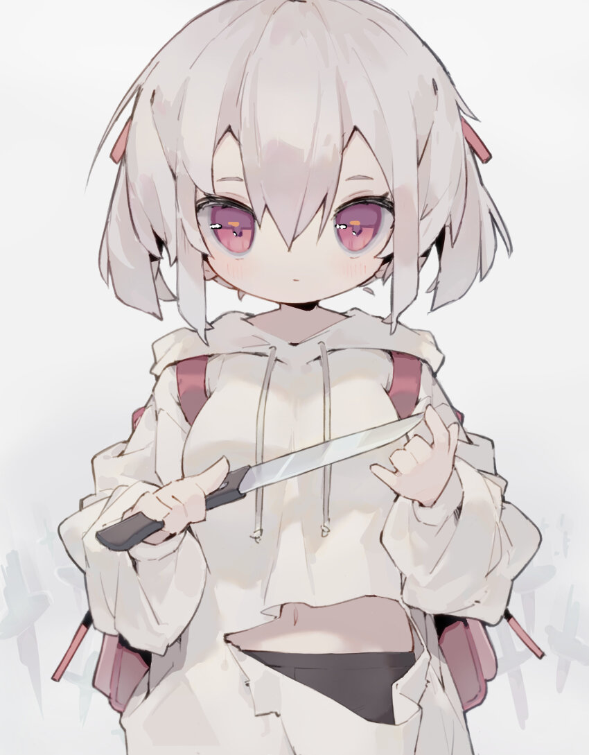 1girl absurdres backpack bag black_panties breasts closed_mouth grey_hair highres holding holding_knife hood hooded_sweater knife long_hair long_sleeves looking_at_viewer medium_hair midriff_peek navel nep_(nep_76) original panties puffy_long_sleeves puffy_sleeves red_eyes sidelocks solo sweater torn_clothes torn_sweater underwear upper_body white_background