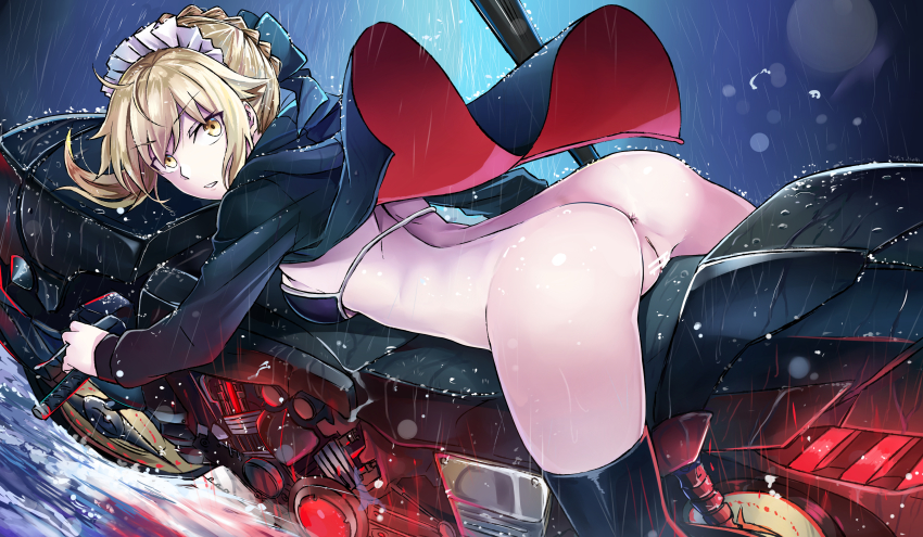 1girl absurdres anus artoria_pendragon_(fate) ass back bikini bikini_top_only black_bikini black_jacket black_thighhighs blonde_hair blue_bow bottomless bow breasts commentary_request fate/grand_order fate_(series) female_focus from_side hair_bow highres jacket jeffrey10 long_sleeves looking_at_viewer looking_to_the_side lying maid_headdress medium_breasts motor_vehicle motorcycle on_motorcycle on_stomach open_clothes open_jacket outdoors parted_lips pussy rain saber_alter saber_alter_(swimsuit_rider) saber_alter_(swimsuit_rider)_(second_ascension) short_hair sideboob sidelocks solo spread_legs swimsuit thighhighs v-shaped_eyebrows water yellow_eyes