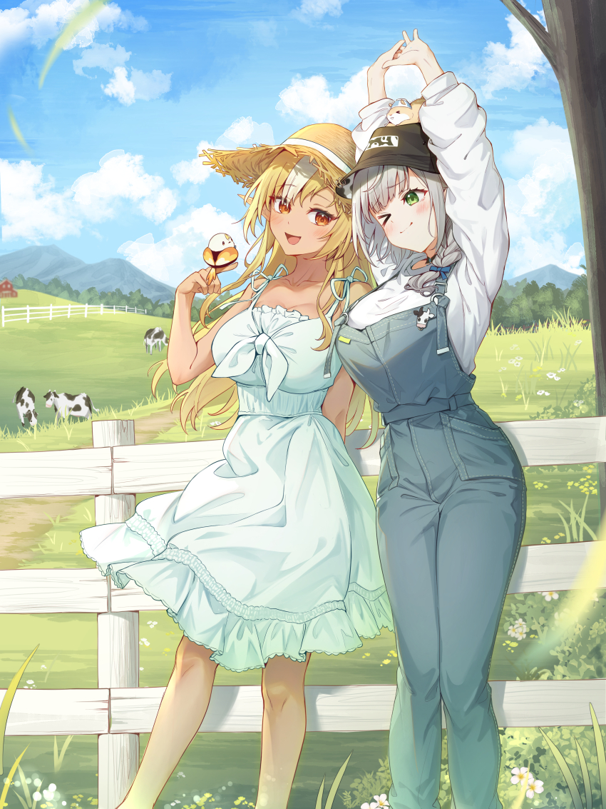 2girls absurdres alternate_costume arms_up bare_shoulders blonde_hair blue_overalls blush braid breasts cleavage collarbone cow dan&#039;in-san_(shirogane_noel) dark-skinned_female dark_skin dress elf elfriend_(shiranui_flare) farm feet_out_of_frame fence grass green_eyes grey_hair hair_over_shoulder hat highres hololive large_breasts leaning_to_the_side long_hair long_sleeves looking_at_viewer multicolored_hair multiple_girls one_eye_closed orange_eyes outdoors overalls pointy_ears shiranui_flare shirogane_noel shirt side-by-side sky smile straw_hat streaked_hair stretching sundress tang-du virtual_youtuber white_dress white_hair white_shirt wooden_fence