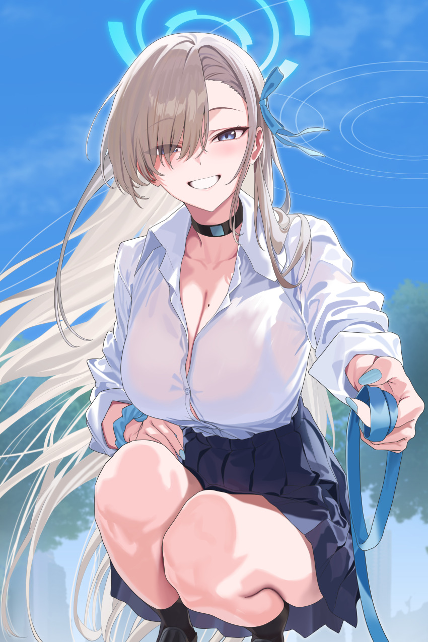 1girl absurdres asuna_(blue_archive) asuna_(school_uniform)_(blue_archive) black_choker black_socks blonde_hair blue_archive blue_eyes blue_halo blue_nails blue_ribbon blue_scrunchie blue_skirt blue_sky breasts choker cleavage collared_shirt eyes_visible_through_hair hair_ornament hair_ribbon halo hidis0086 highres holding holding_leash large_breasts leash long_hair long_sleeves mole mole_on_breast nail_polish pet_play pleated_skirt pov ribbon scrunchie shirt skirt sky smile socks solo squatting very_long_hair viewer_on_leash white_shirt wrist_scrunchie
