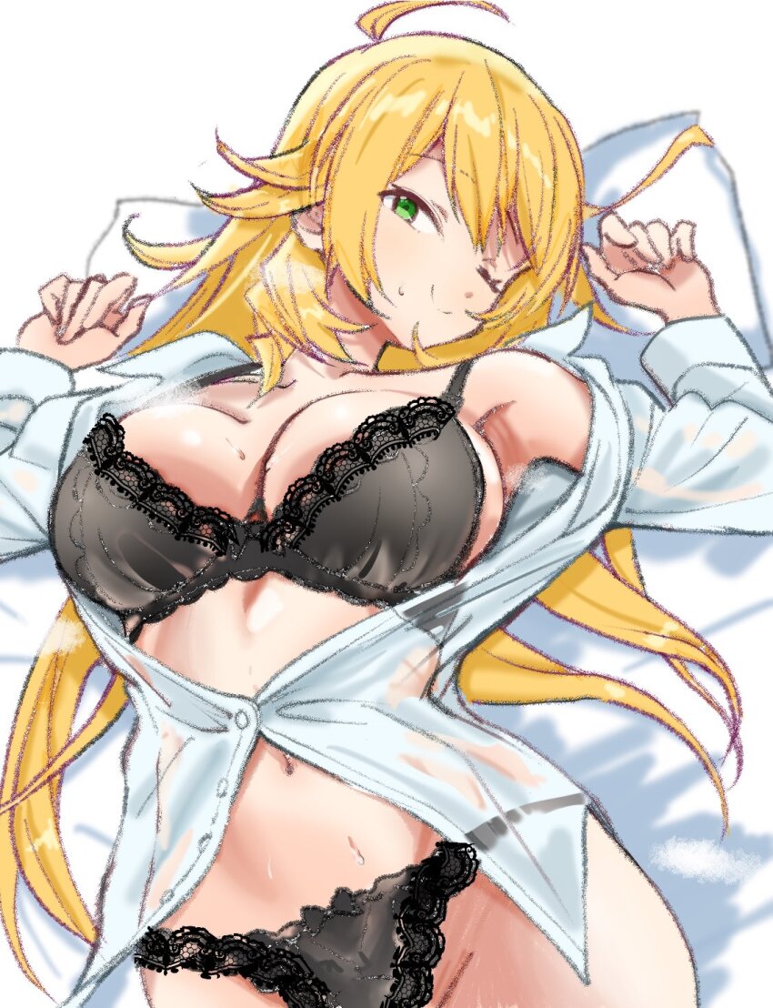 1girl ahoge arms_up bed_sheet black_bra black_panties blonde_hair bra breasts cleavage closed_mouth green_eyes head_on_pillow highres hoshii_miki idolmaster idolmaster_(classic) lace lace-trimmed_bra lace-trimmed_panties lace_trim large_breasts long_hair long_sleeves looking_at_viewer lying navel on_back on_bed one_eye_closed panties partially_unbuttoned pillow shirt smile solo steaming_body underwear white_shirt zenoo