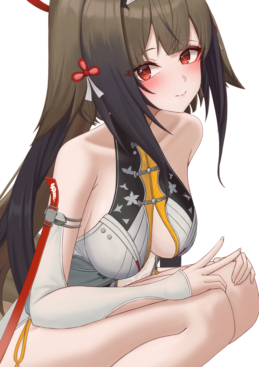 1girl absurdres blunt_bangs blush breasts brown_hair cleavage closed_mouth commonalty highres long_hair looking_at_viewer medium_breasts red_eyes shirt sidelocks sleeveless sleeveless_shirt smile solo very_long_hair white_background white_shirt ye_shunguang zenless_zone_zero