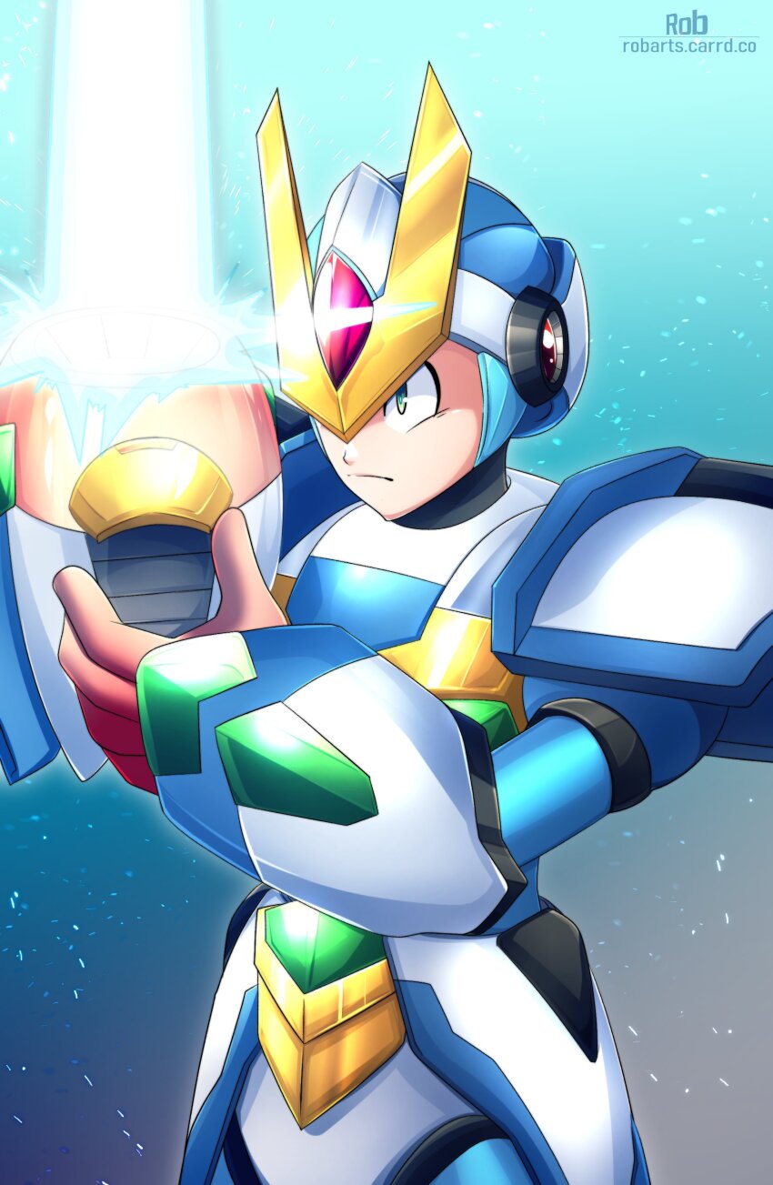 1boy absurdres android arm_blade arm_cannon armor axasempai blade_armor_x_(mega_man) blue_background cowboy_shot energy_sword forehead_jewel helmet highres mega_man_(series) mega_man_x6 mega_man_x_(series) simple_background solo sword weapon white_armor white_helmet x_(mega_man)