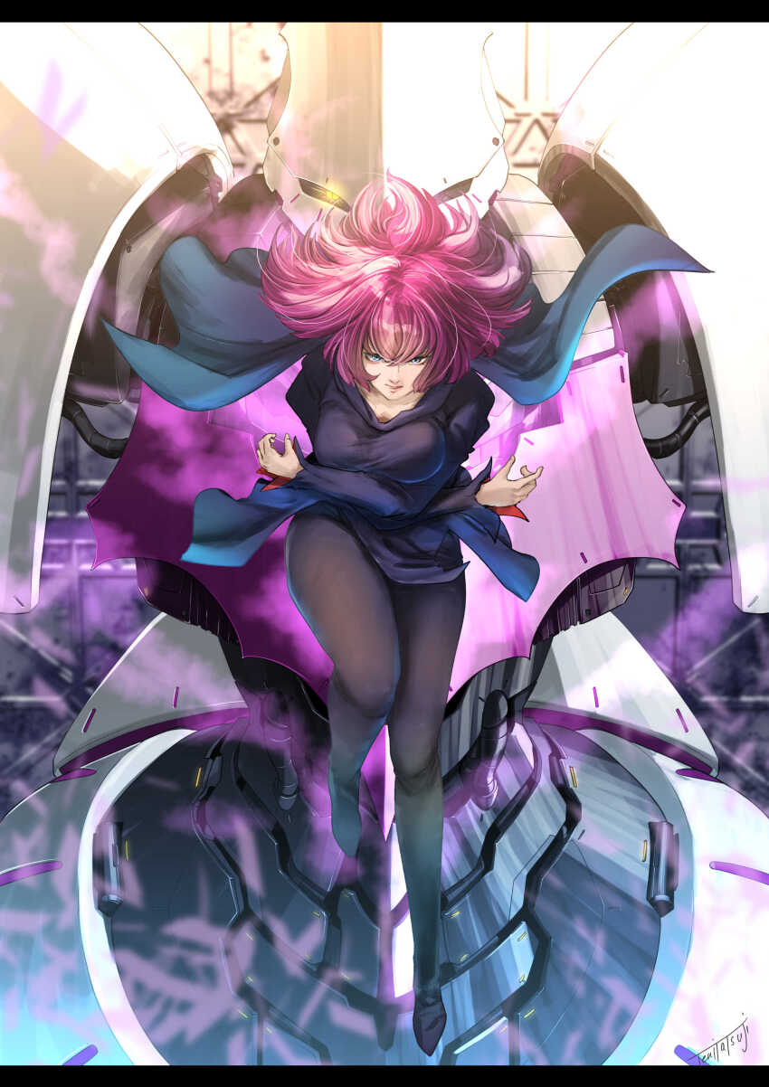 1girl absurdres blue_eyes breasts cable cape commentary derivative_work english_commentary engrish_commentary exposed_internal_machinery glowing glowing_eye gundam haman_karn hangar highres legs looking_at_viewer machinery mecha mobile_suit neo_zeon pink_hair qubeley robot science_fiction signature spacecraft_interior tetsuya_tsuji zero_gravity zeta_gundam zeta_gundam_define