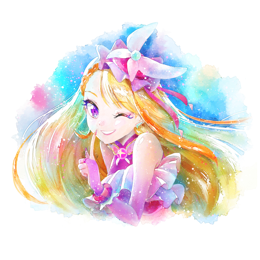 1girl ;) artist_name blonde_hair braid braided_bangs bridal_gauntlets brooch butterfly_hat_ornament colorful_background commentary commentary_request cropped_shirt cure_butterfly earrings elbow_gloves english_commentary frilled_shirt frills gloves grin hat hat_ornament highres hijiri_ageha hirogaru_sky!_precure huiyuan index_fingers_together jewelry light_particles long_hair looking_at_viewer magical_girl midriff mixed-language_commentary mob_cap multicolored_hair one_eye_closed orange_hair pink_gloves pink_hat pink_shirt portrait precure purple_eyes shirt signature sleeveless sleeveless_shirt smile solo tilted_headwear two-tone_hair very_long_hair wing_brooch