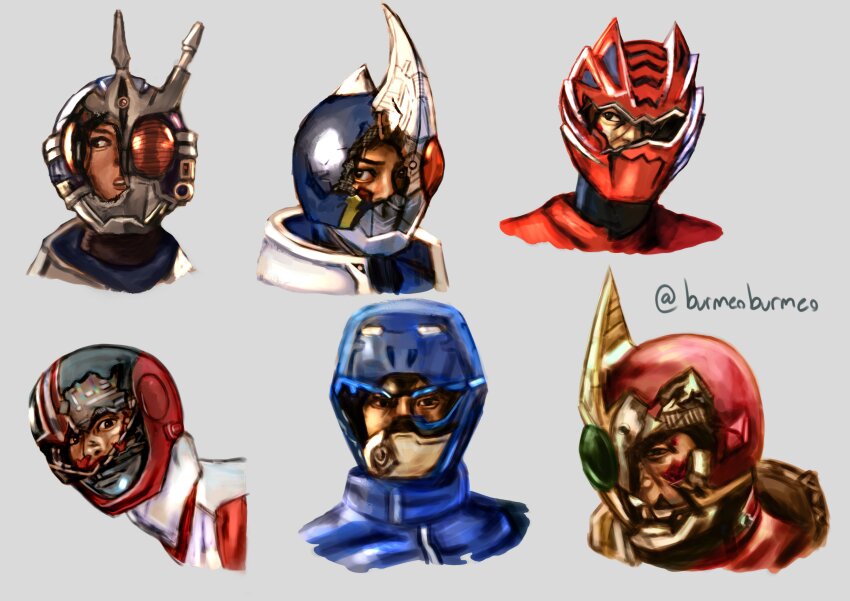 6+boys absurdres asami_tatsuya blood blood_on_face blue_buster broken_glass broken_helmet burmeoburmeo cropped_head geki_red glass grey_background helmet highres hikawa_makoto injury iwasaki_ryuuji juuken_sentai_gekiranger kamen_rider kamen_rider_agito_(series) kamen_rider_blade kamen_rider_blade_(series) kamen_rider_g3 kamen_rider_garren kandou_jan kenzaki_kazuma male_focus mirai_sentai_timeranger multiple_boys portrait realistic super_sentai tachibana_sakuya_(kamen_rider_blade) time_red tokumei_sentai_go-busters twitter_username
