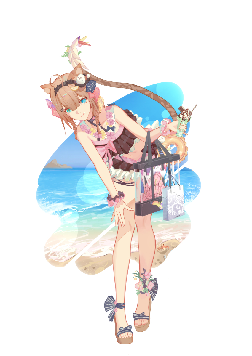 1girl absurdres animal_ears bag bare_legs bare_shoulders bikini black_bikini blue_eyes braid brown_hair cat_ears cat_girl cat_tail comet-c elbow_carry food frilled_bikini frills green_eyes hair_ornament heterochromia highres holding holding_bag holding_food holding_ice_cream honkai_(series) honkai_impact_3rd ice_cream midriff navel ocean official_alternate_costume pardofelis pardofelis_(midsummer_collector) platform_sandals sand sandals scrunchie short_hair solo summer swimsuit tail toes tongue tongue_out twin_braids white_background wrist_scrunchie