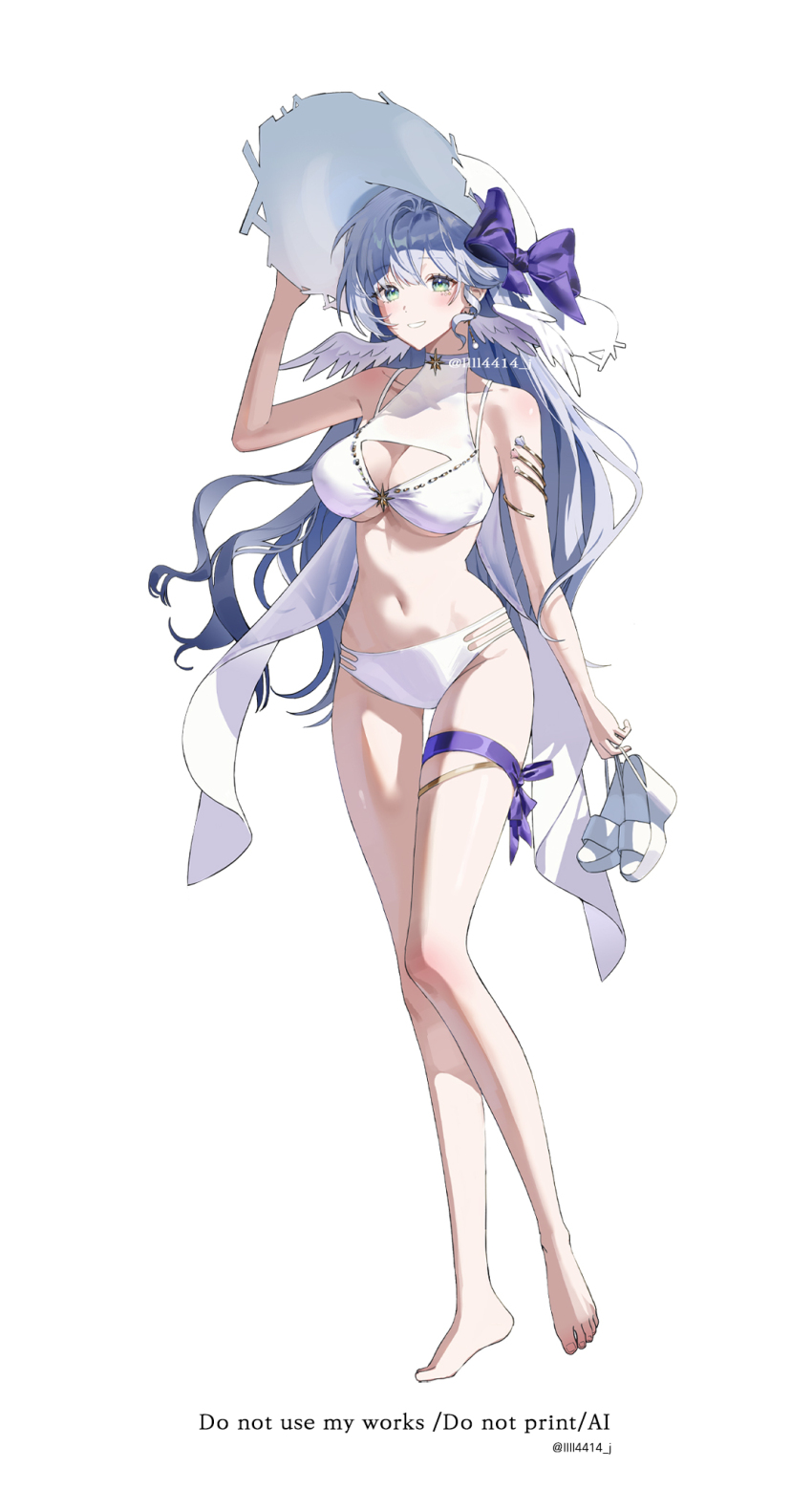 1girl alternate_costume bare_arms bare_shoulders bikini blue_hair breasts cleavage earrings full_body hand_up hat head_wings highres holding holding_sandals honkai:_star_rail honkai_(series) jewelry legs long_hair looking_at_viewer parted_lips q_(llll4414_j) robin_(honkai:_star_rail) sandals simple_background smile solo standing stomach sun_hat swimsuit twitter_username very_long_hair white_background white_bikini white_hat white_sandals wings