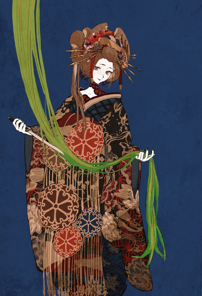 1girl absurdres bangs_pinned_back berserker_(fate/samurai_remnant) brown_eyes brown_hair fate/samurai_remnant fate_(series) hair_ornament hair_stick highres holding holding_another&#039;s_hair holding_sword holding_weapon japanese_clothes jewelry kanzashi kimono long_hair looking_at_viewer manaita_obi mimulishizi nihongami oiran ponytail simple_background solo sword takao_dayu_(fate) weapon