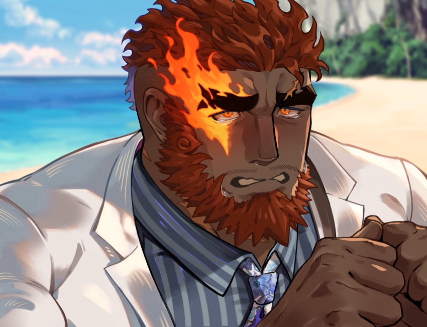 1boy bara beach beard dark-skinned_male dark_skin eyebrow_cut facial_hair flaming_eye formal_clothes full_beard hands_up hephaestus_(housamo) highres male_focus mature_male miha_yu1 mustache_stubble official_alternate_costume portrait red_eyes short_hair stubble suit tearing_up thick_beard thick_eyebrows tokyo_houkago_summoners upper_body very_dark_skin