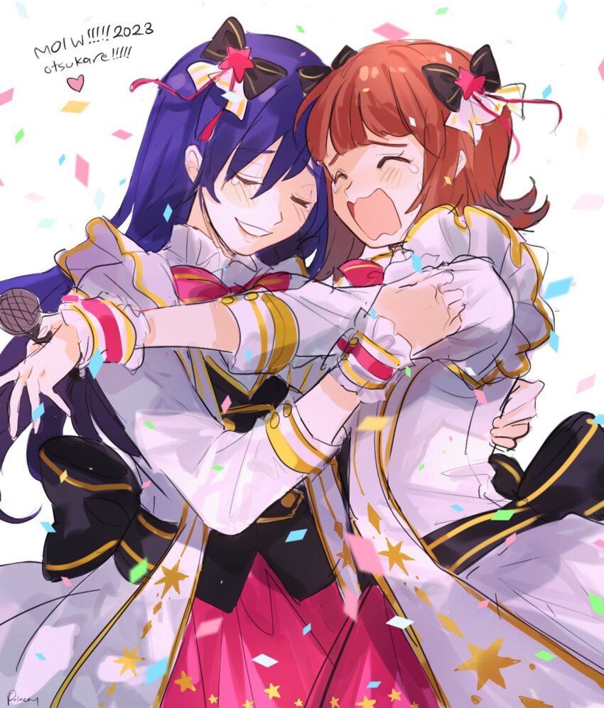 2girls amami_haruka aubz blue_hair bow brown_hair buttons closed_eyes confetti cowboy_shot crying double-breasted hair_bow happy_tears highres holding holding_microphone hug idolmaster idolmaster_(classic) kisaragi_chihaya long_hair medium_hair microphone multiple_girls multiple_hair_bows pink_skirt ribbon skirt smile star_(symbol) tears wrist_cuffs
