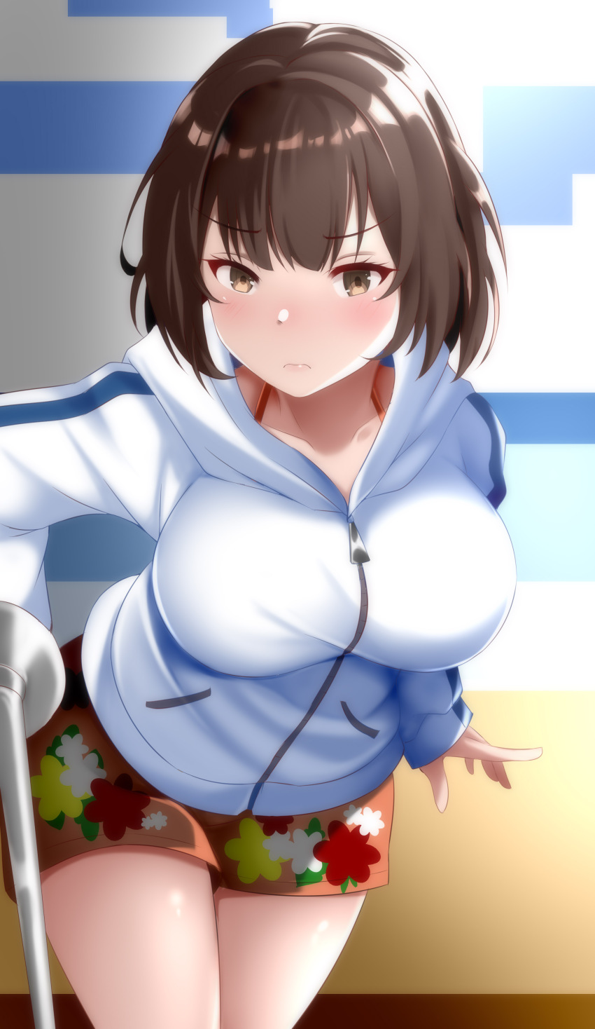 1girl absurdres blush breasts brown_eyes brown_hair commission cowboy_shot floral_print highres hood hood_down hooded_jacket impossible_clothes indoors jacket kagaku_sentai_dynaman large_breasts leaning_forward male_swimwear orange_male_swimwear orange_swim_trunks pandacross pixiv_commission print_male_swimwear print_swim_trunks print_swimsuit solo standing super_sentai swim_trunks swimsuit tachibana_rei_(dynaman) white_jacket zipper
