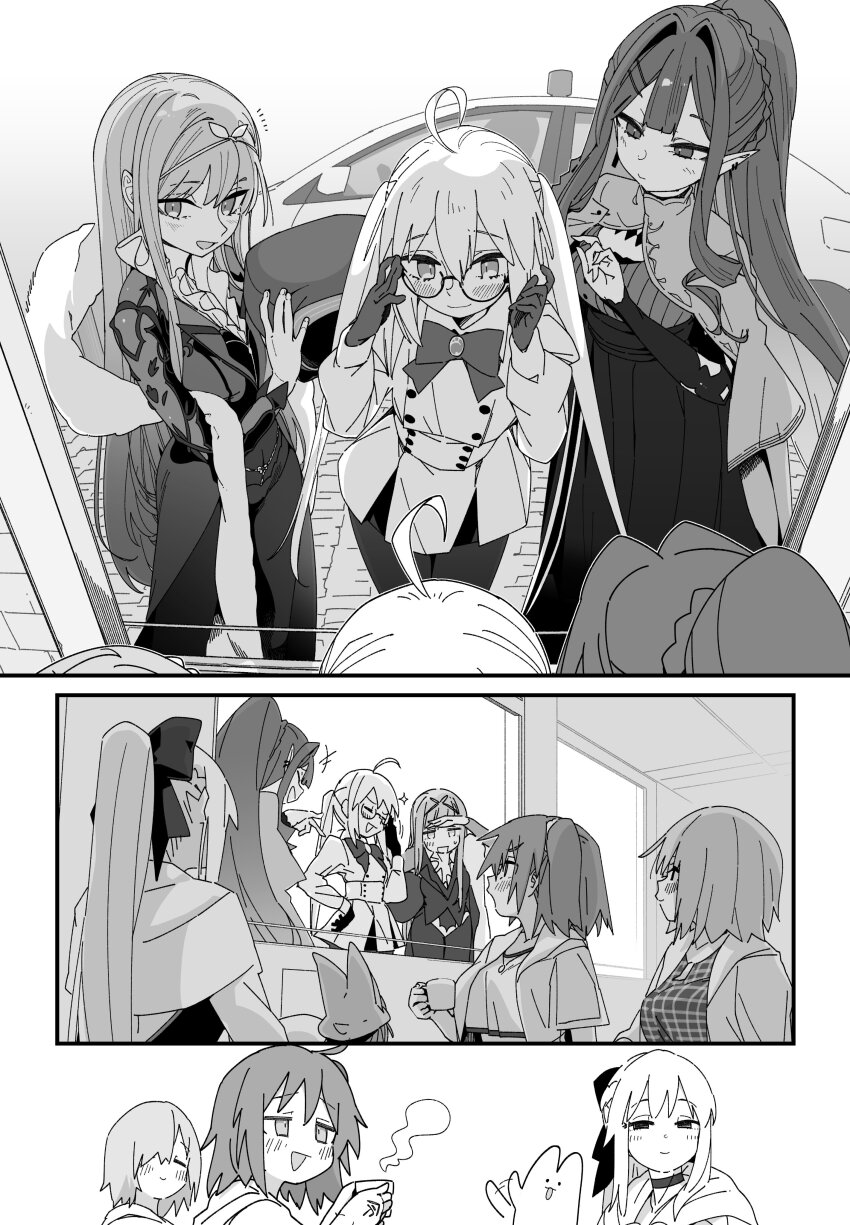 6+girls absurdres ahoge artoria_caster_(fate) artoria_caster_(second_ascension)_(fate) artoria_pendragon_(fate) baobhan_sith_(fate) baobhan_sith_(swimsuit_pretender)_(fate) baobhan_sith_(swimsuit_pretender)_(second_ascension)_(fate) blush bow braid buttons capelet checkered_clothes checkered_dress choker cnoc_na_riabh_(fate) double-breasted dress ear_piercing fate/grand_order fate_(series) fujimaru_ritsuka_(female) fujimaru_ritsuka_(female)_(summer_street) glasses gloves grey_eyes greyscale habetrot_(fate) hair_bow hair_ornament hair_over_one_eye hair_scrunchie half_up_braid highres jacket jewelry long_hair looking_at_mirror mash_kyrielight mash_kyrielight_(senpai_killer_outfit) medb_(fate) mirror monochrome morgan_le_fay_(fate) multiple_girls official_alternate_costume pantyhose piercing plaid_clothes plaid_dress pointy_ears ponytail round_eyewear scrunchie shirt short_hair sidelocks skirt smile twintails waira window