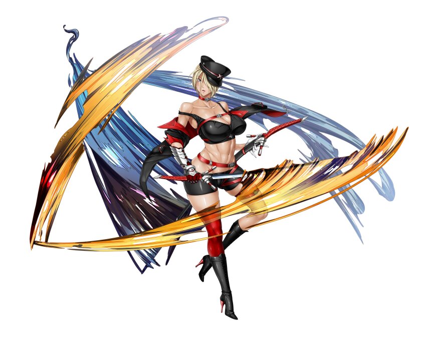 1girl abs absurdres black_boots black_jacket black_shorts black_tank_top blonde_hair blue_eyes boots breasts choker collarbone fei_(maidoll) gauntlets hat high_heel_boots high_heels highres holding holding_sword holding_weapon jacket kurumi_s._sakazaki large_breasts midriff off_shoulder official_art one_eye_covered peaked_cap second-party_source short_shorts shorts solo sword taimanin_(series) taimanin_rpgx tank_top toned toned_female weapon white_background