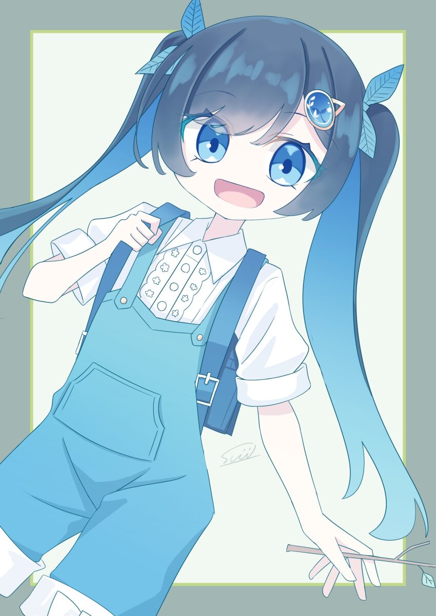 1girl :d aged_down artist_name backpack bag black_hair blue_bag blue_eyes blue_hair blue_overalls border bow branch cevio collared_shirt colored_inner_hair commentary_request contrapposto cowboy_shot dutch_angle futaba_kominato futaba_minato green_border hair_ornament hair_scrunchie highres holding holding_branch jewelry leaf_hair_ornament long_hair looking_at_viewer multicolored_hair open_mouth outside_border overall_shorts overalls randoseru scrunchie shirt short_sleeves signature smile solo standing sumikaze swept_bangs twintails white_bow white_shirt