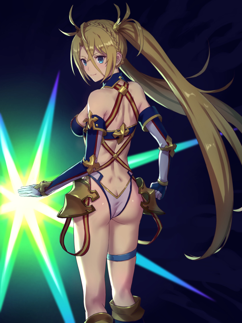 1girl armor ass back bare_shoulders bikini blonde_hair blue_bikini blue_eyes blue_gloves blush bradamante_(fate) bradamante_(third_ascension)_(fate) braid breasts butt_crack crown_braid dimples_of_venus elbow_gloves energy_barrier energy_shield fate/grand_order fate_(series) faulds gloves highleg highres large_breasts long_hair looking_at_viewer looking_back multicolored_bikini shouhei smile solo swimsuit thigh_strap thighs twintails two-tone_bikini two-tone_gloves very_long_hair white_bikini white_gloves