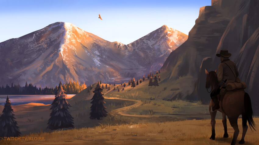 1boy arthur_morgan bird blue_sky brown_jacket commentary cowboy_hat day dirt_road english_commentary from_behind grass hat horse horseback_riding jacket kloir lake landscape mountain nature original painterly red_dead_redemption_(series) red_dead_redemption_2 riding road scenery sky tree