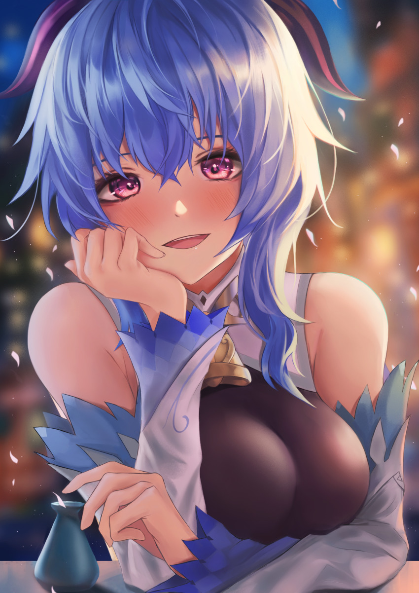 1girl absurdres bare_shoulders bell blue_hair blush bottle breasts cherry_blossoms cowbell detached_sleeves ganyu_(genshin_impact) genshin_impact goat_horns hand_on_own_chin highres horns looking_at_viewer purple_eyes sake_bottle smile solo turbulence